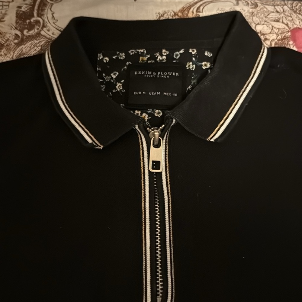 Denim & Flower Black Polo Shirt with White Trim